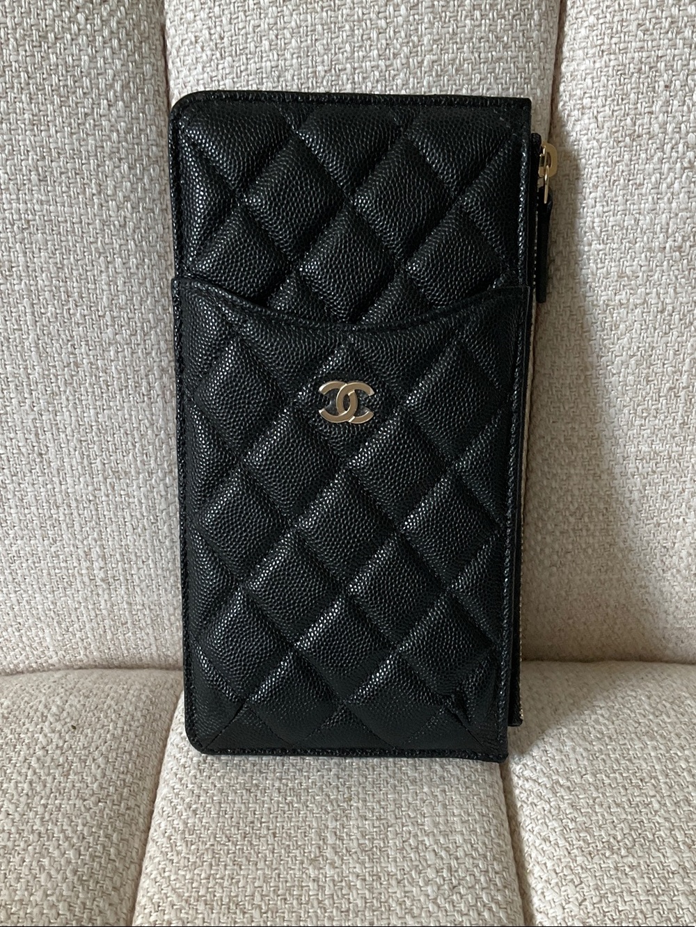 CHANEL Black Quilted Leather Card & Phone Holder with Gold CC Logo